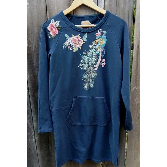 Driftwood Layla‎ Embroidered Peacock Floral Tunic Sweatshirt Dress Women's S - Picture 8 of 10